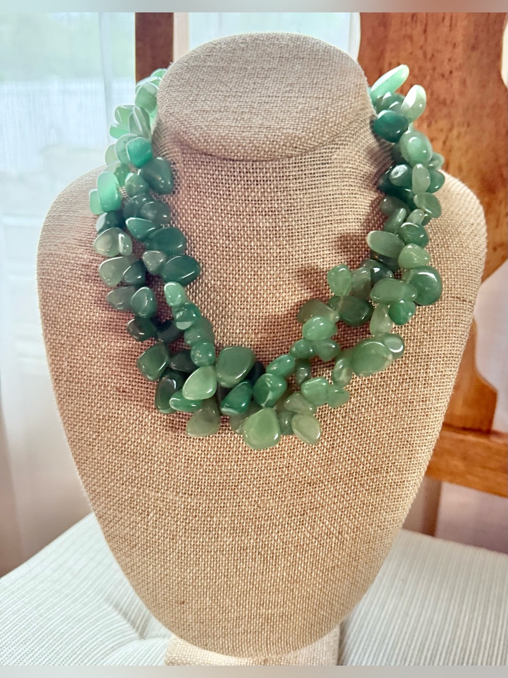 Aventurine Multi-Strand Genuine Green Stone Cluster Chunky Statement Necklace